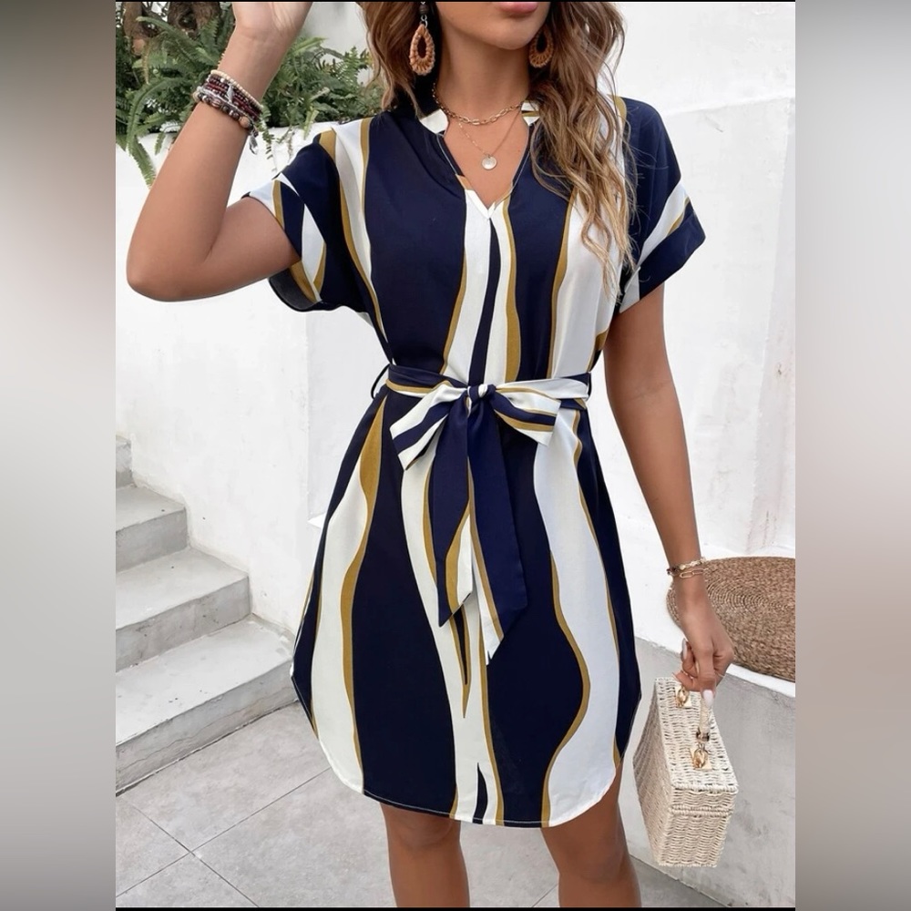SHEIN LUNE Colorblock Notched Neck Dolman Sleeve Belted Dress